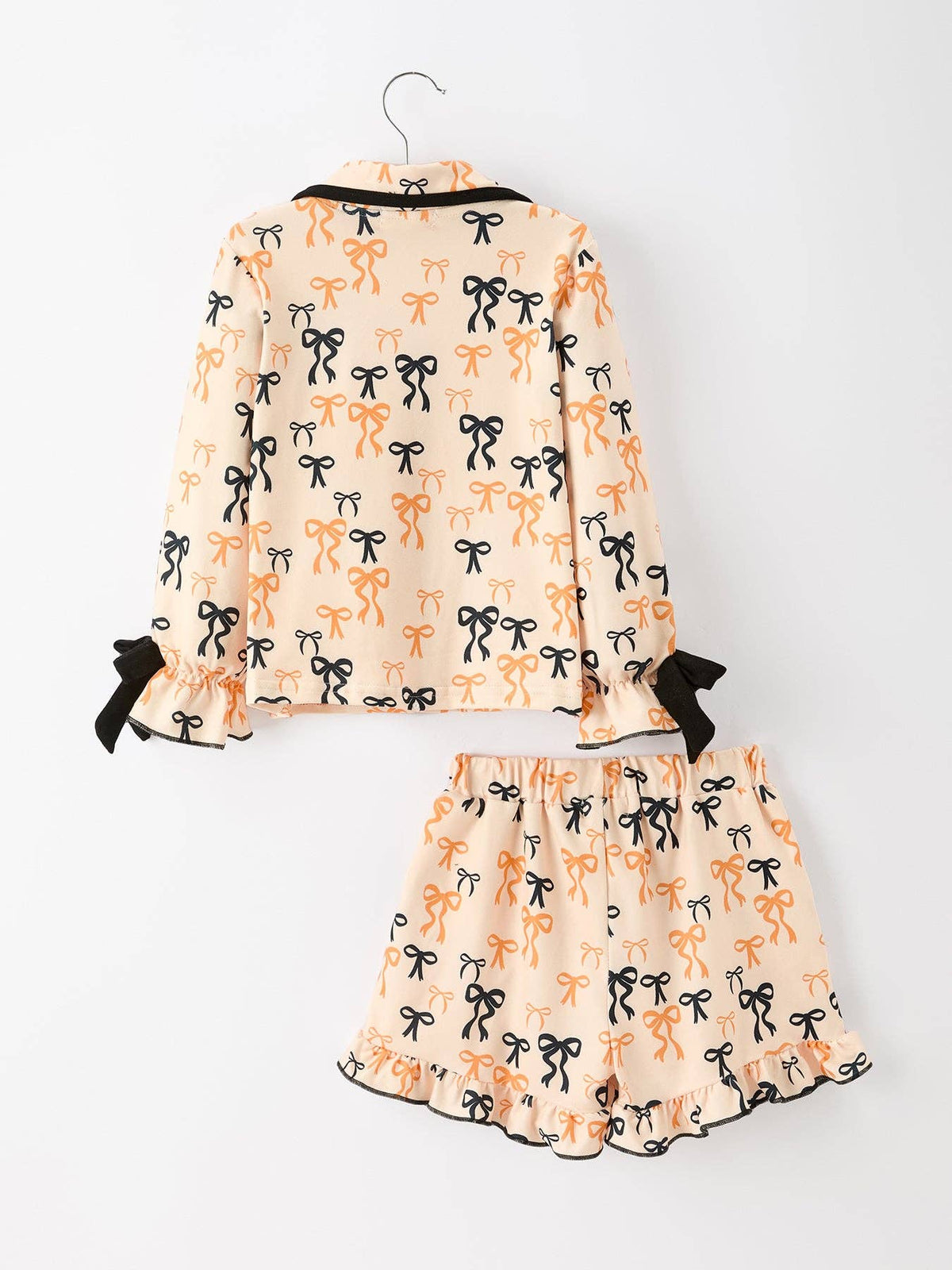 Halloween Bow Print Girls Pajama Set Long Sleeve Top and Shorts