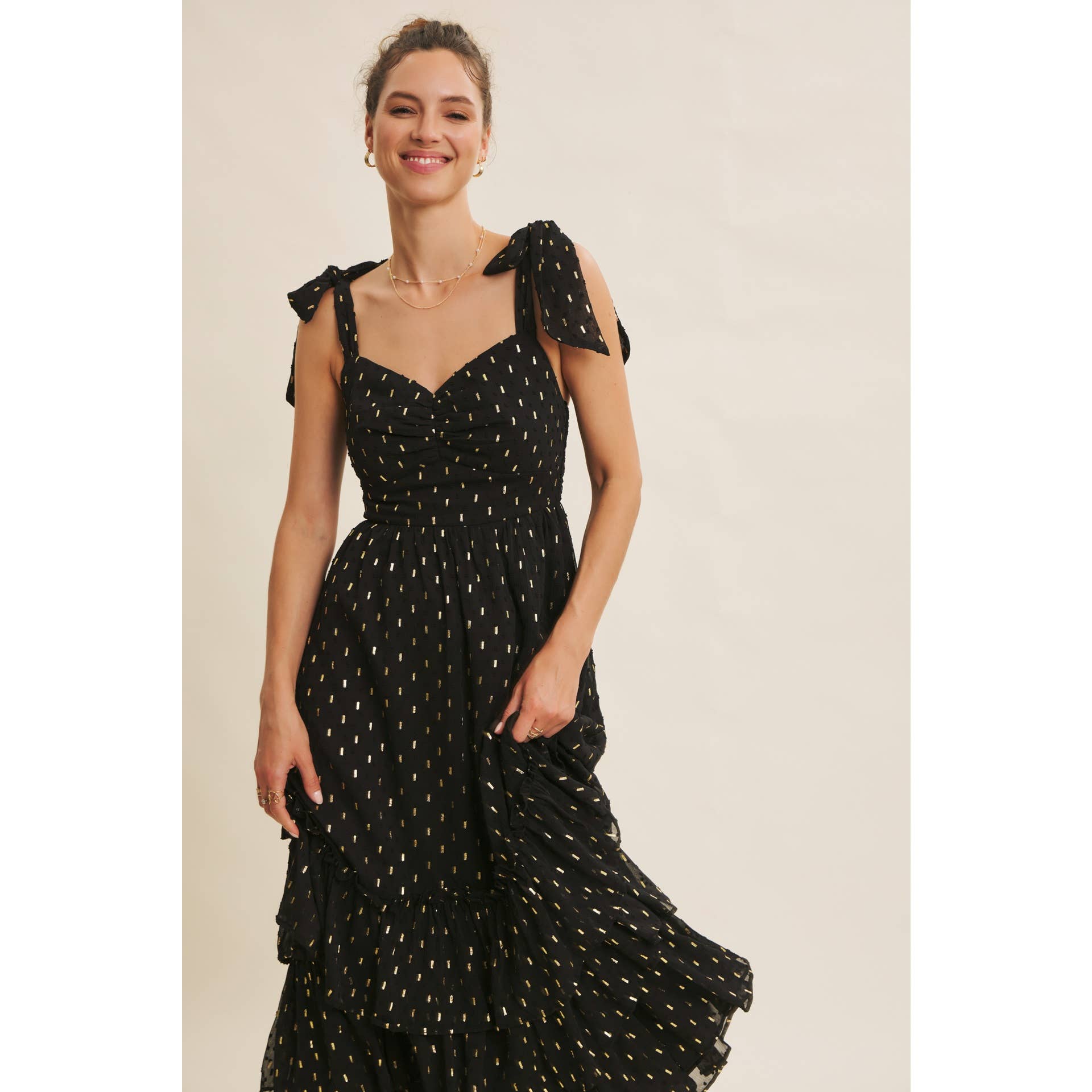 DESIGNED FOR MAGICAL MOMENT RUCHED FOIL SWISS DOT MAXI DRESS