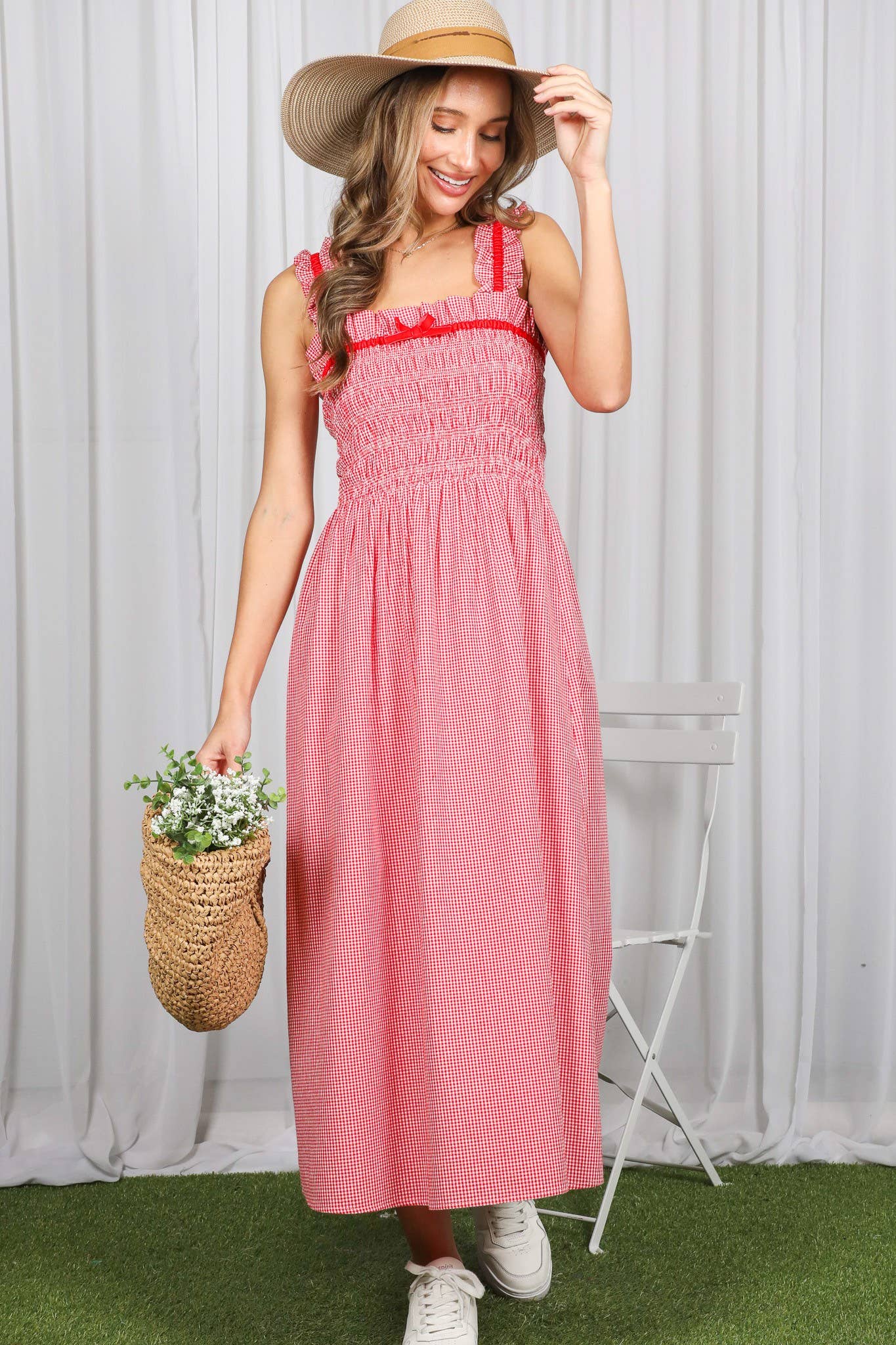Gingham Velvet Trim Strap 100% Cotton Midi Dress VD83286