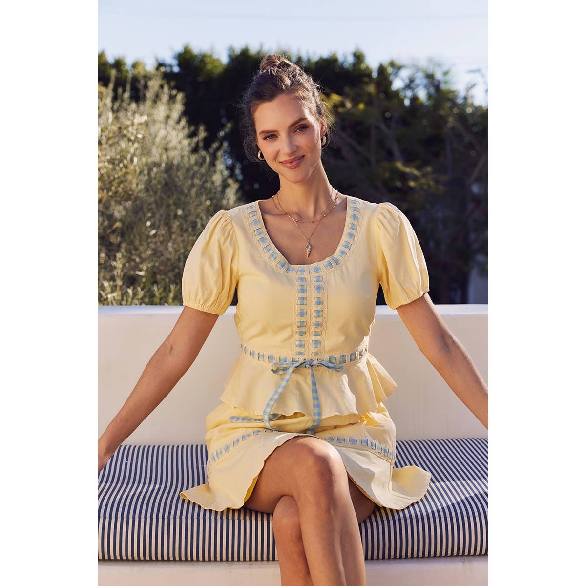 FRESH AND TIMELESS GINGHAM BOW CONTRAST BABYDOLL TOP