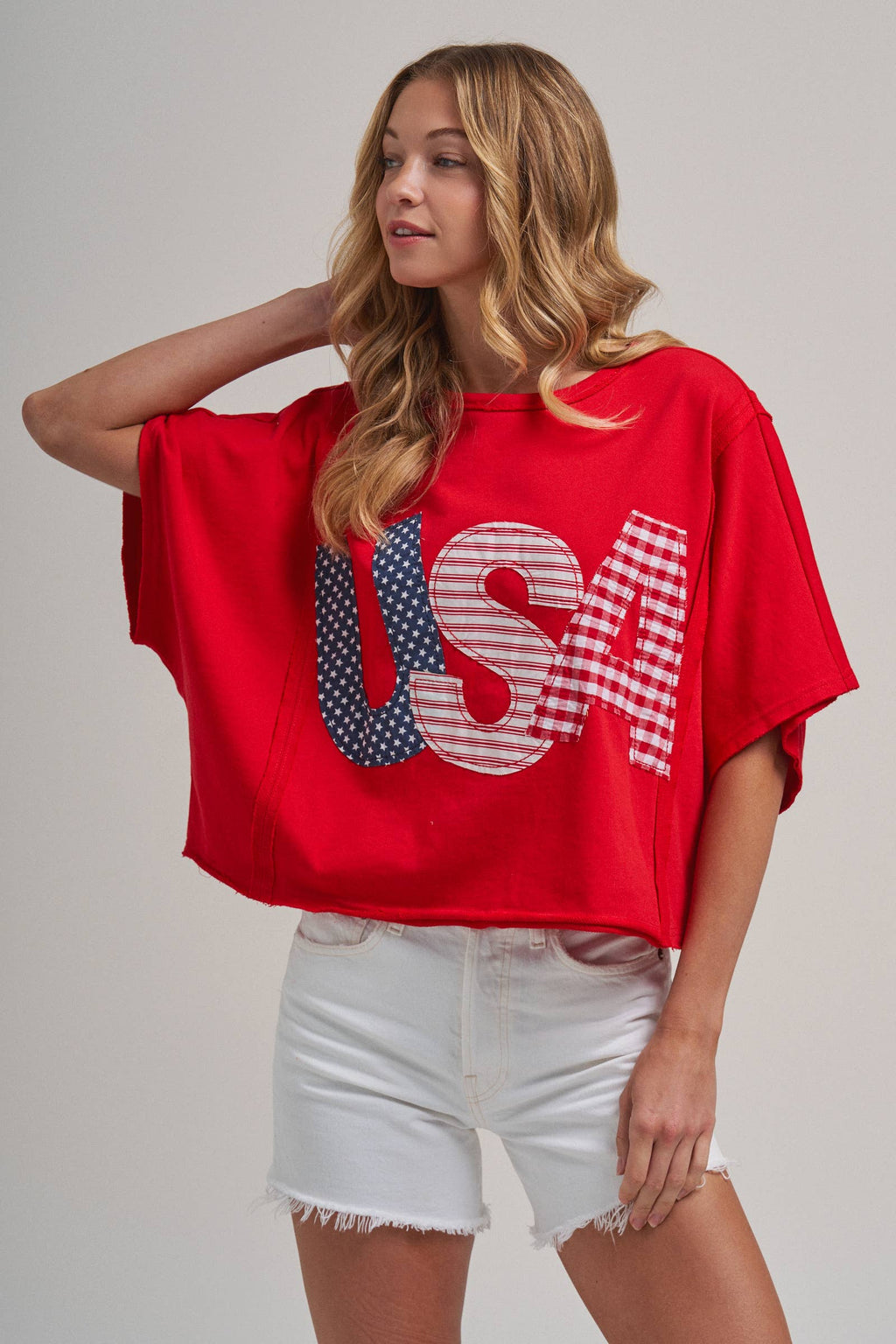 BIG USA LETTER PATCH OVERSIZED 4TH OF JULY KNIT TOP