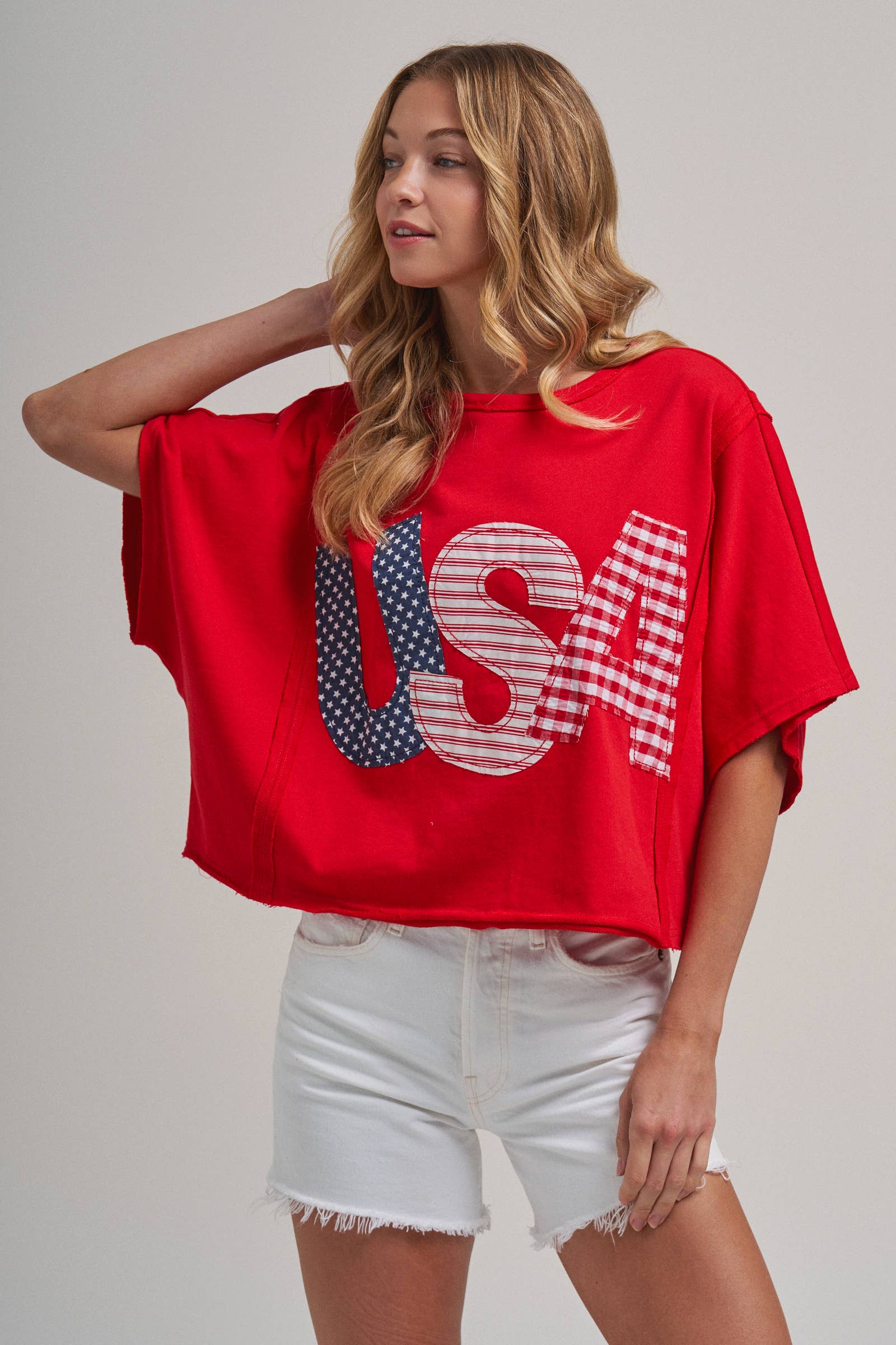 BIG USA LETTER PATCH OVERSIZED 4TH OF JULY KNIT TOP