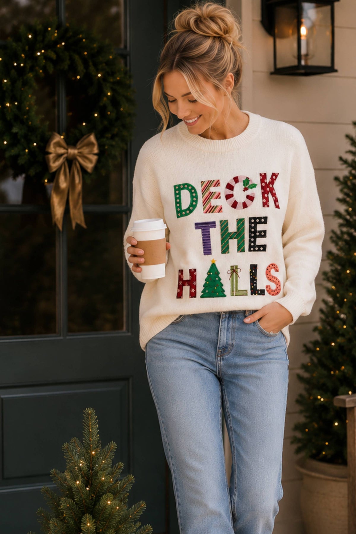Deck the Halls Christmas Patchwork Graphic Sweater