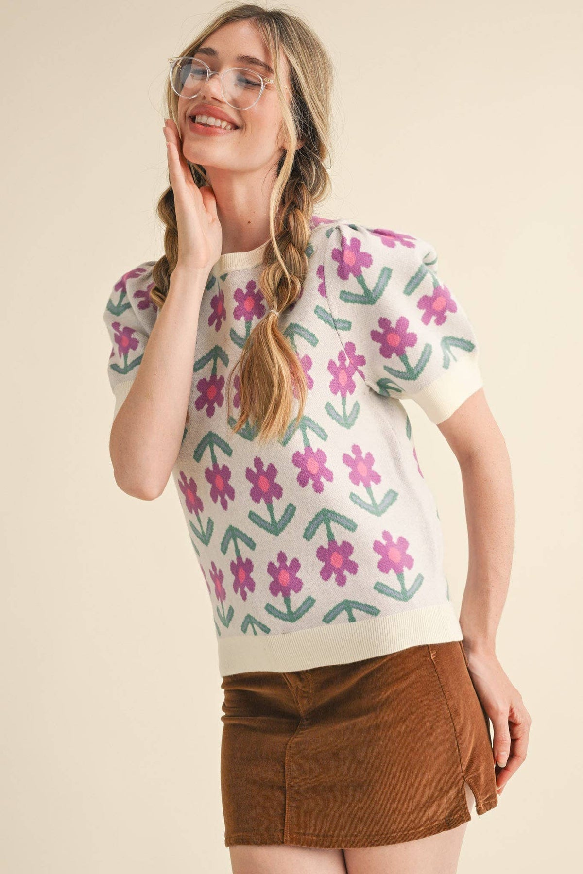 SHORT SLEEVE FLORAL KNIT SWEATER MSW10510