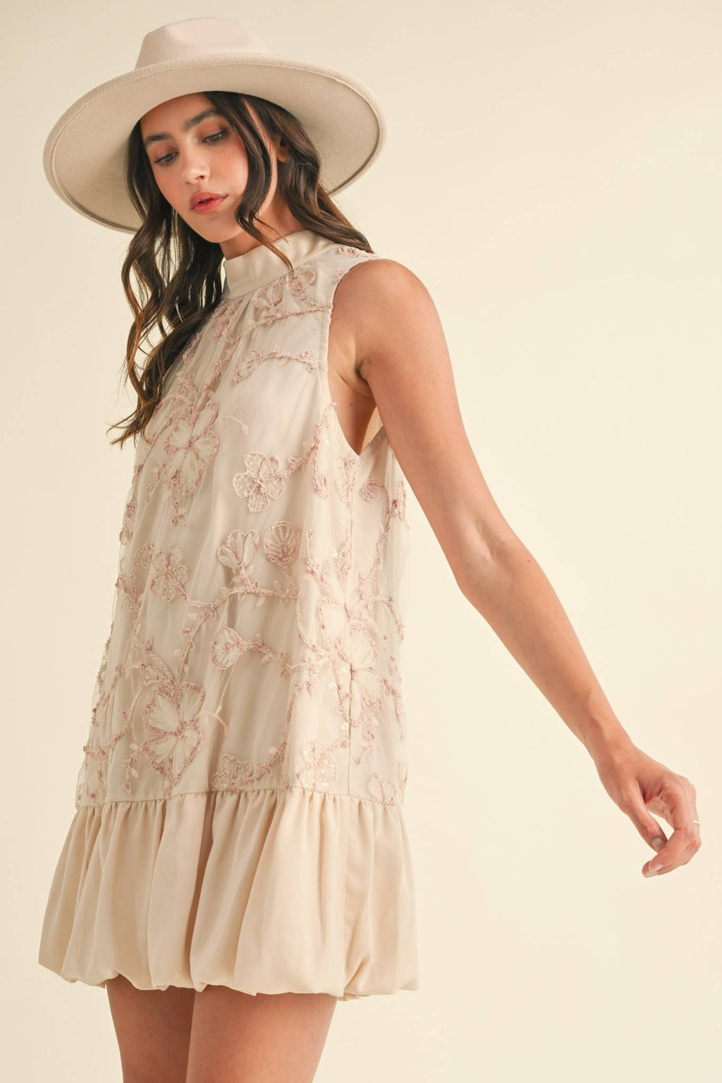 BUBBLE HEM EMBELLISHED MIXED MEDIA MINI DRESS MDR3691