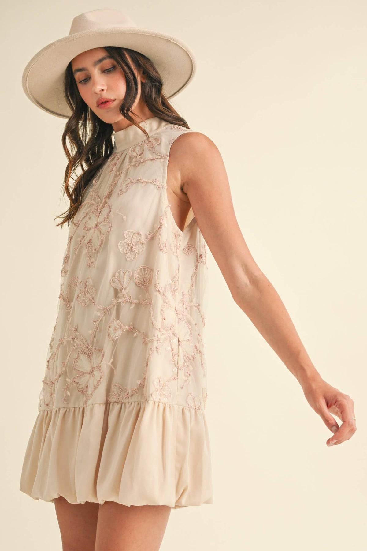 BUBBLE HEM EMBELLISHED MIXED MEDIA MINI DRESS MDR3691