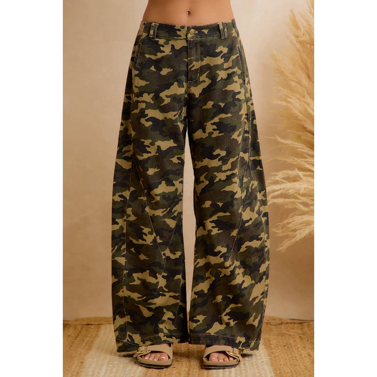 CHIC CAMO PRINT RELAXED WIDE LEG PANTS