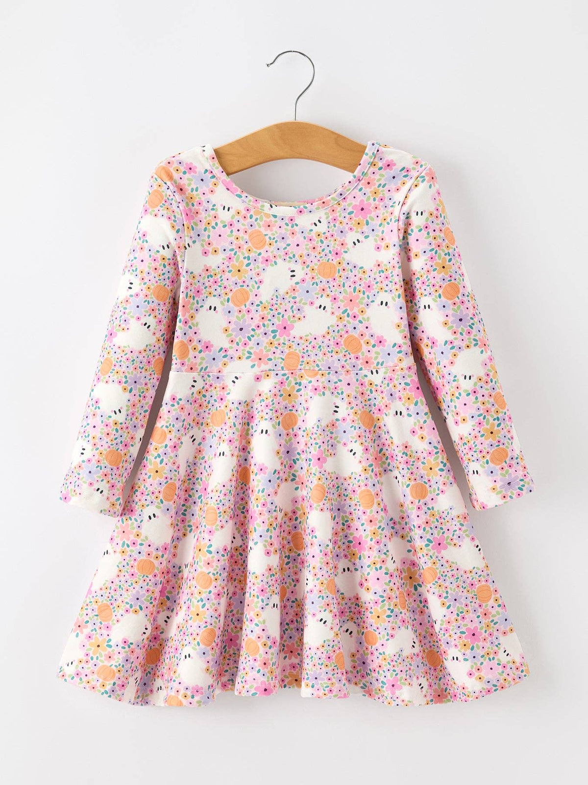 Halloween Ghost Print Girls Twirl Dress Long Sleeve
