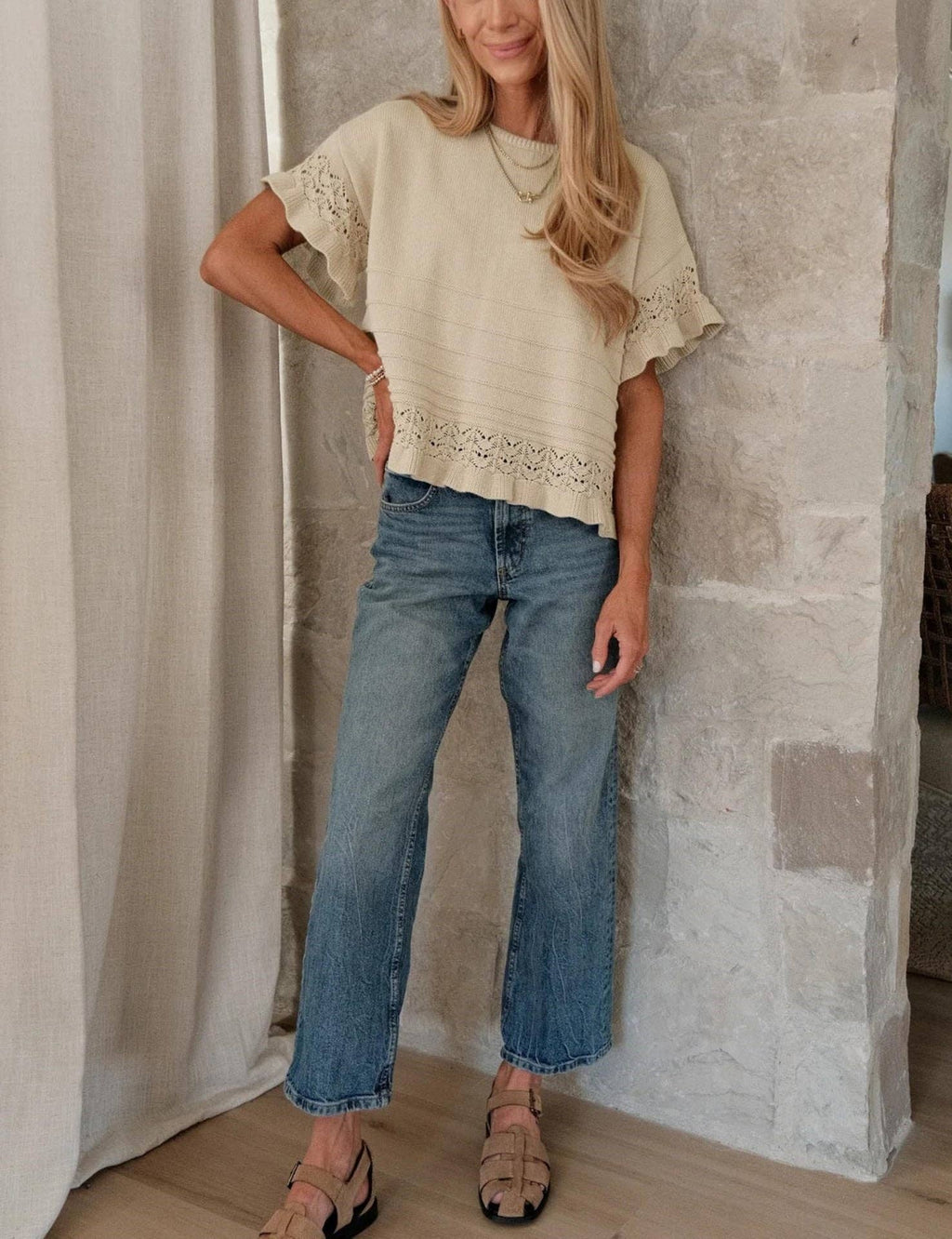 Boho Solid Knit Top Casual Eyelet Ruffle Sleeve