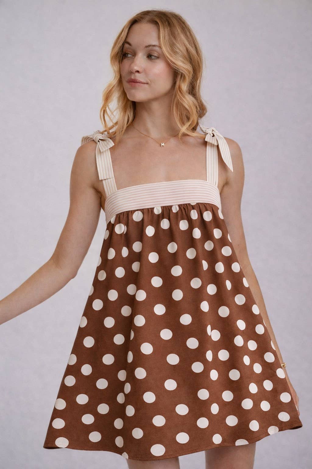 POLKA DOT BABYDOLL A LINE MINI DRESS WITH STRIPE BODICE