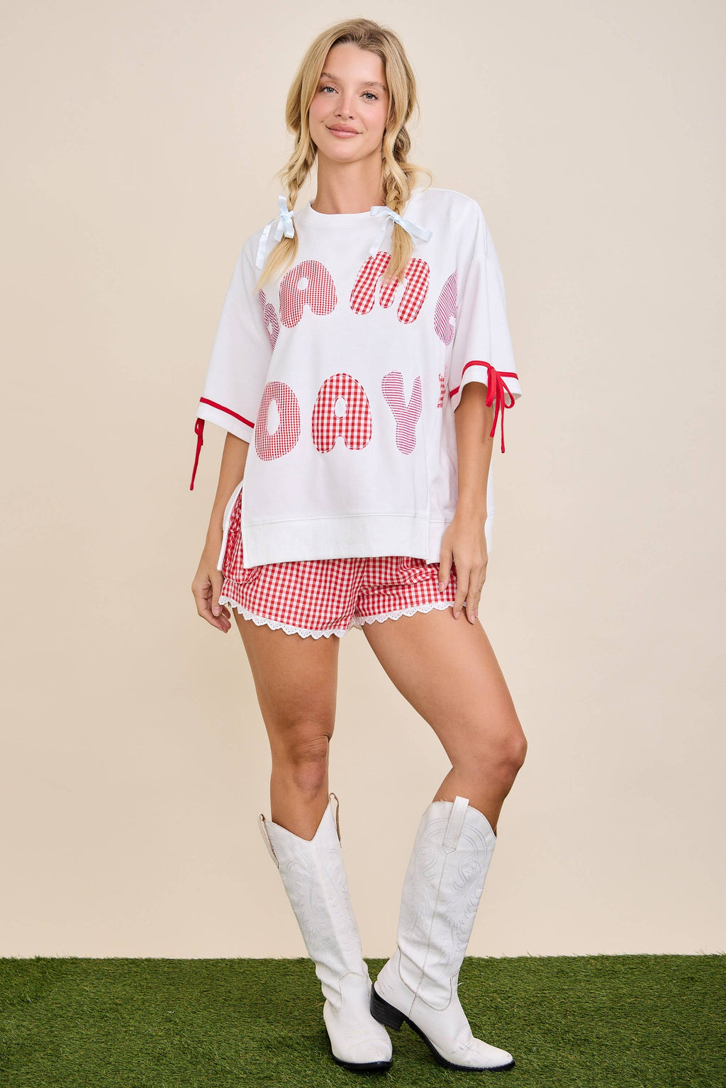 Game Day Patchwork Boxy Top – Ribbon Sleeve Western Style