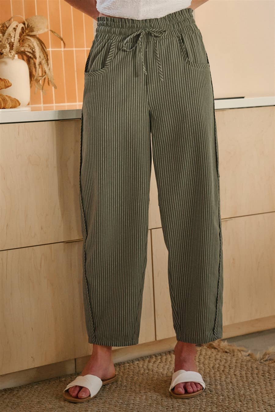 LINEN BLEND STRIPED CASUAL RELAXED PANTS WITH DRAWSTRING
