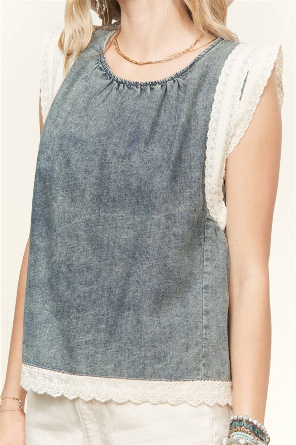 DENIM BLOUSE WITH LACE TRIM- LET3981