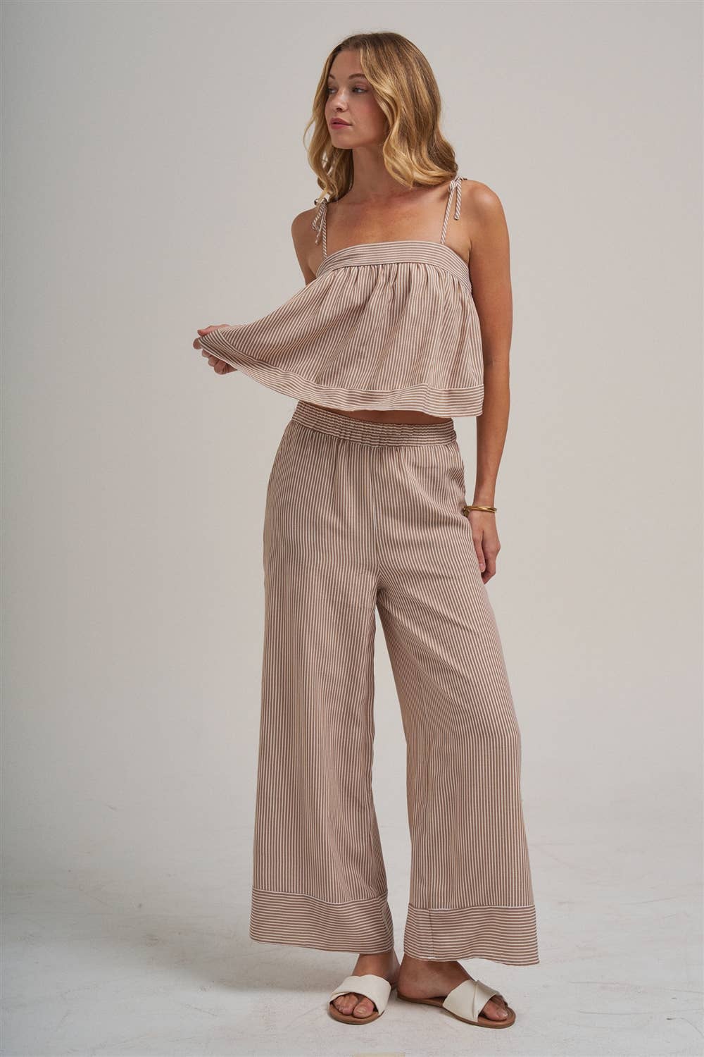 STRIPED TWO PIECE SET WITH FLOWY CAMI TOP AND WIDE LEG PANTS