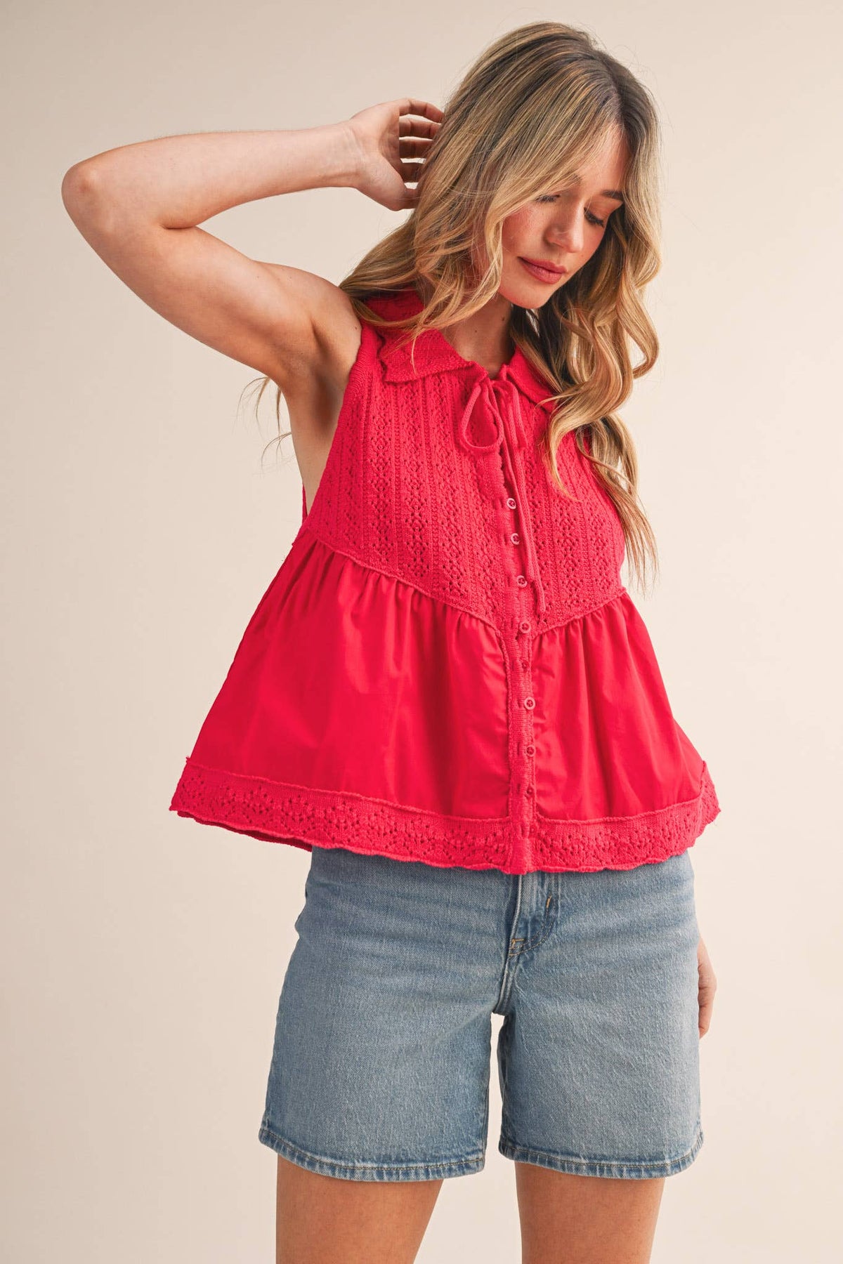 MIXED MEDIA COLLARED BUTTON DOWN SWEATER TOP MSW11289