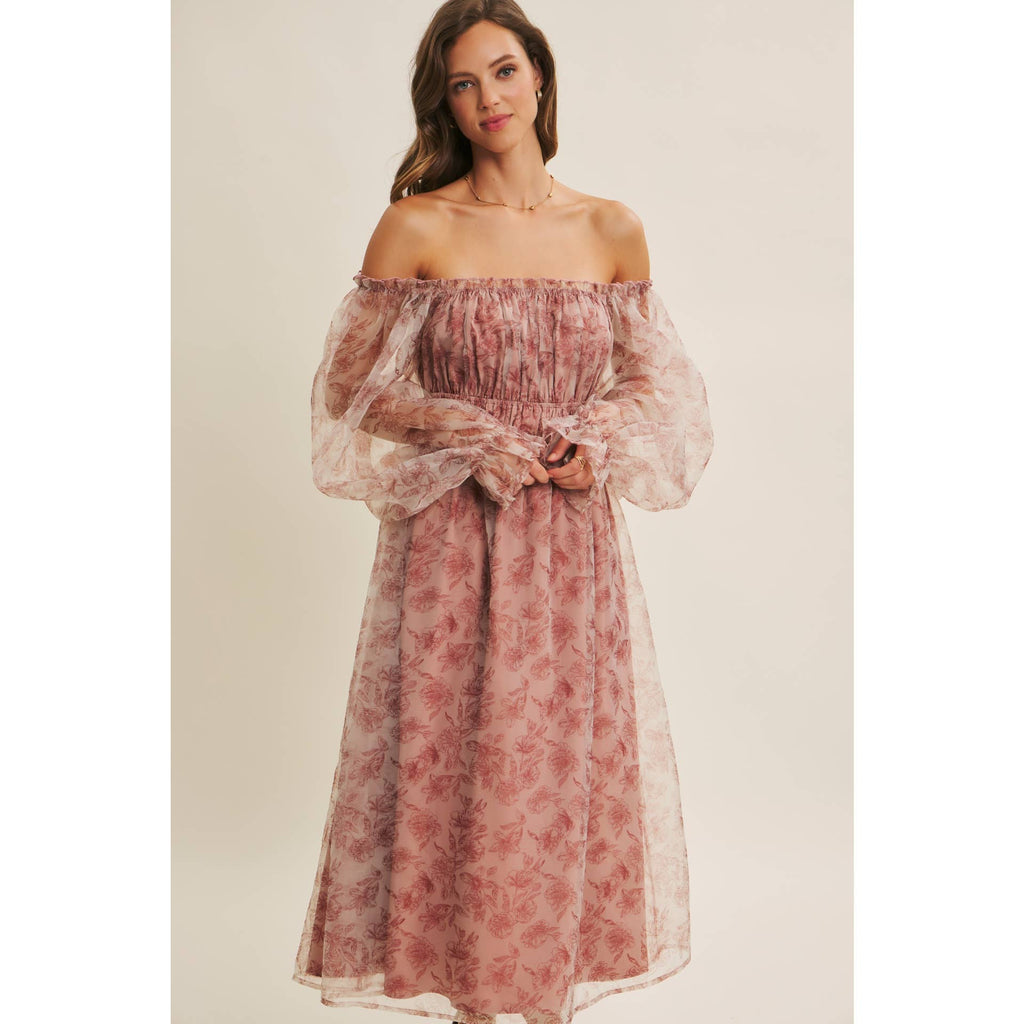 ETHEREAL GRACE FLORAL ORGANZA MIDI DRESS WITH ELASTIC WAIST