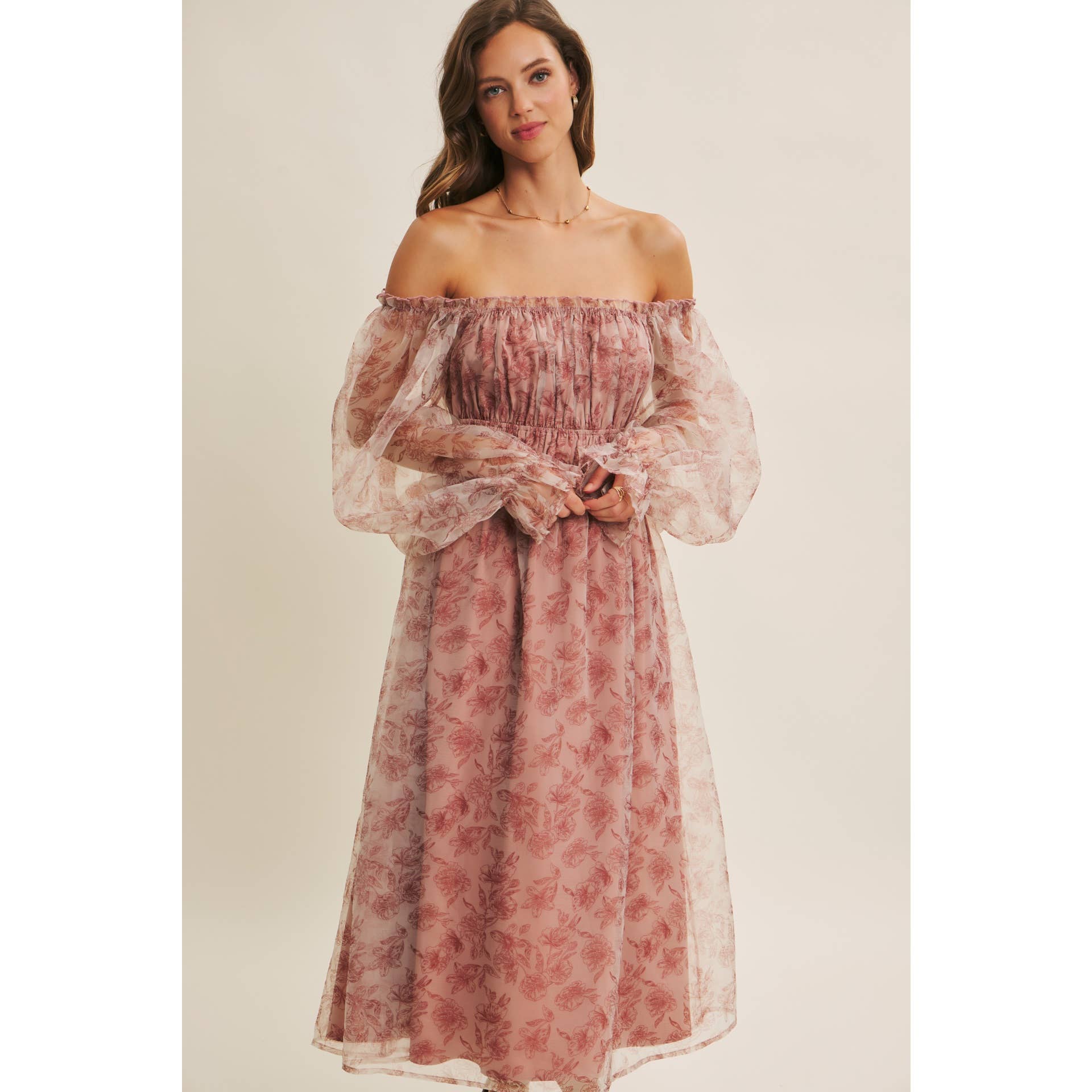 ETHEREAL GRACE FLORAL ORGANZA MIDI DRESS WITH ELASTIC WAIST