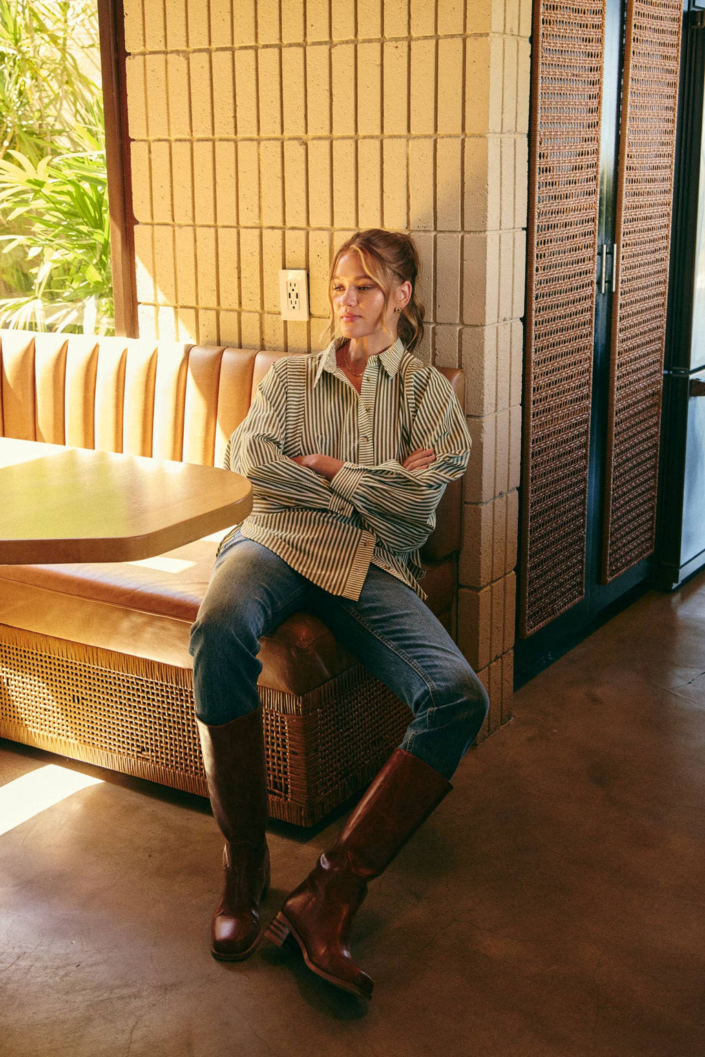 FRENCH CAFE MIXED STRIPE BATWING BUTTON-DOWN SHIRT