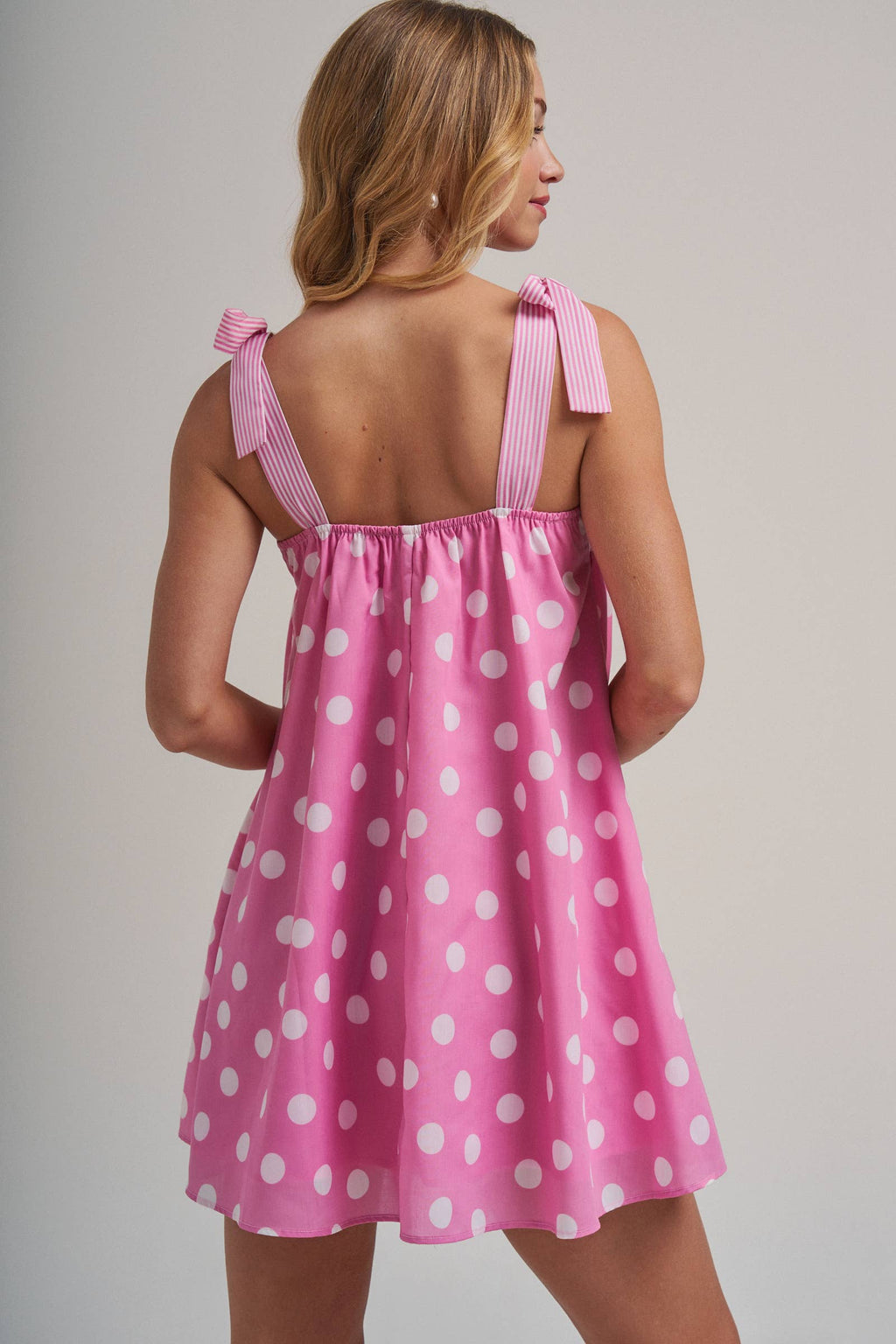 POLKA DOT BABYDOLL A LINE MINI DRESS WITH STRIPE BODICE