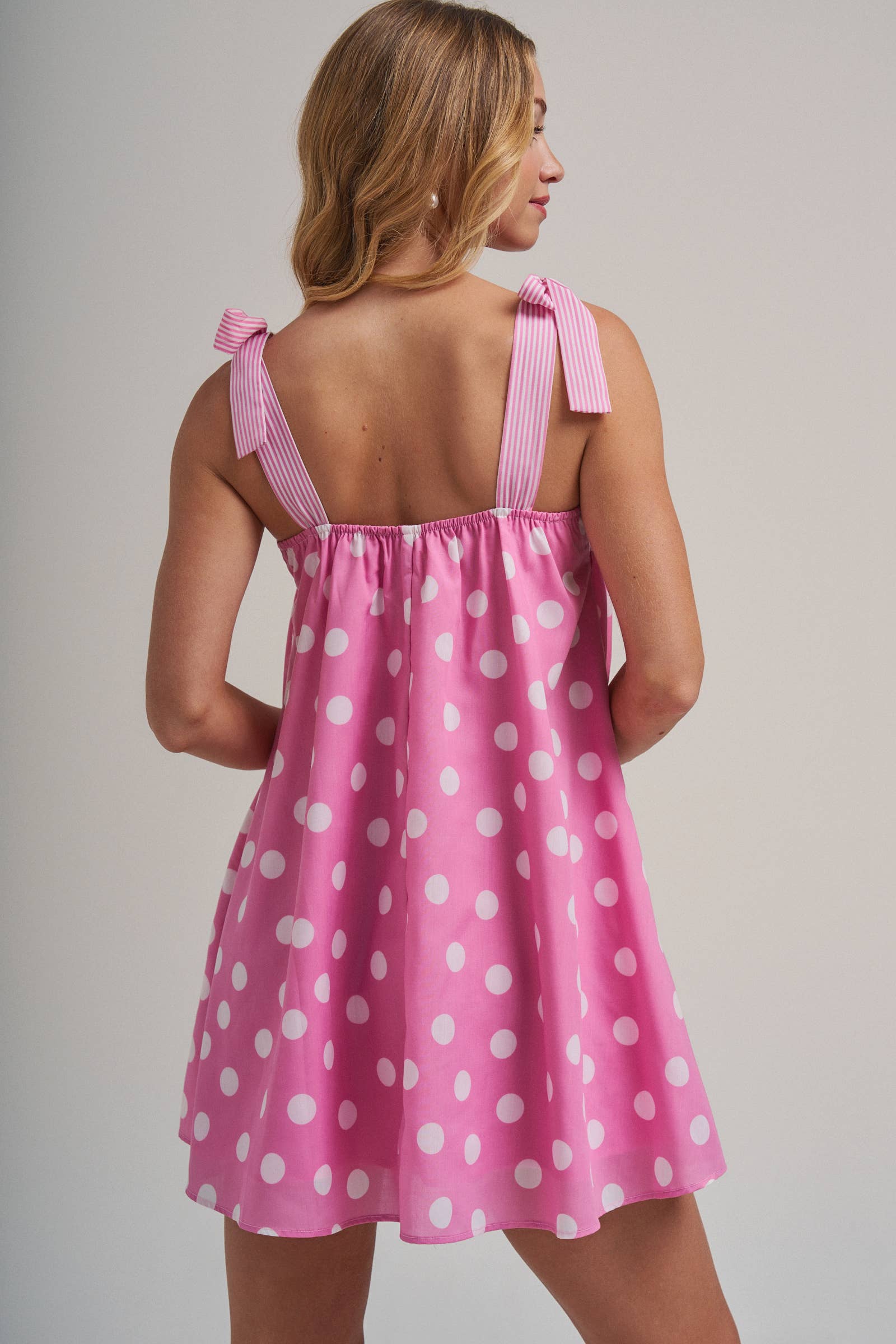 POLKA DOT BABYDOLL A LINE MINI DRESS WITH STRIPE BODICE
