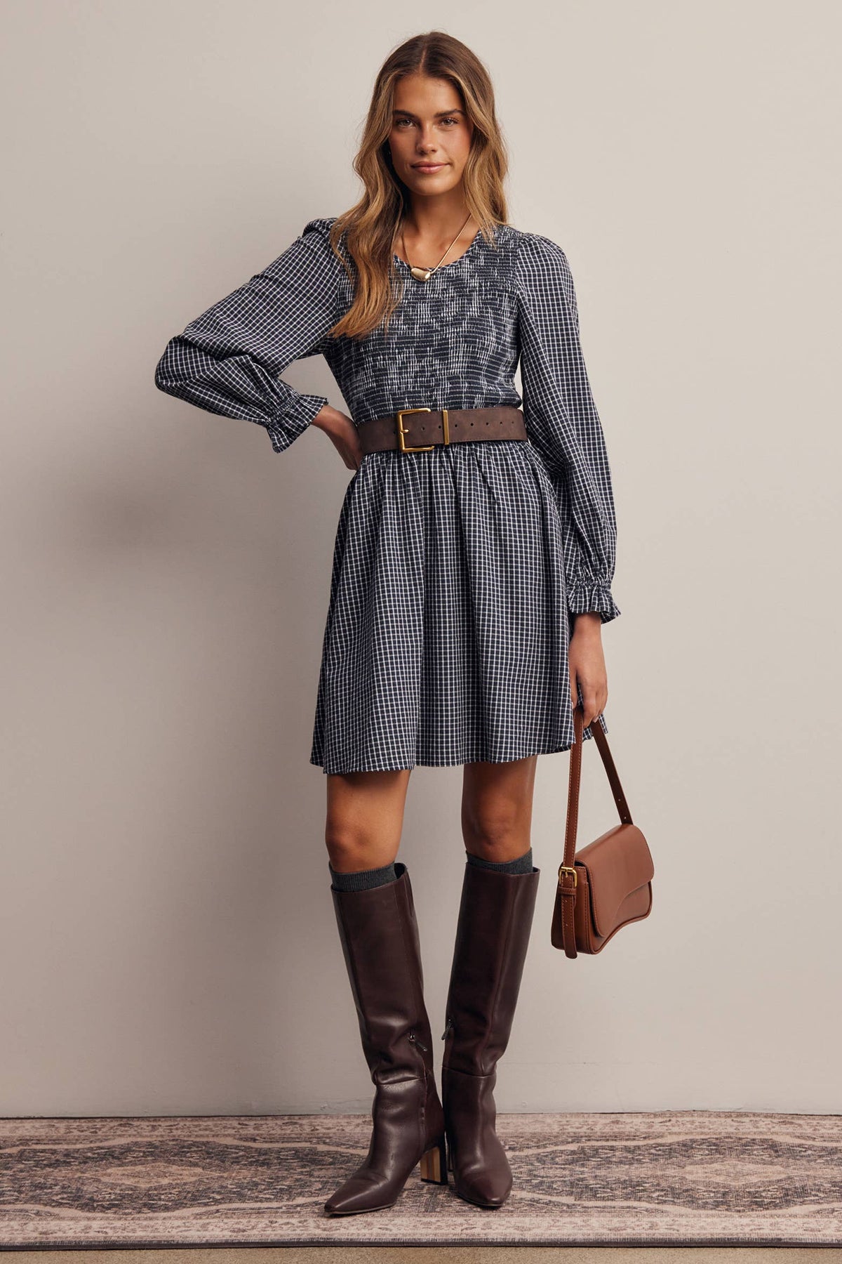 Smocked Gingham Mini Dress FD0071