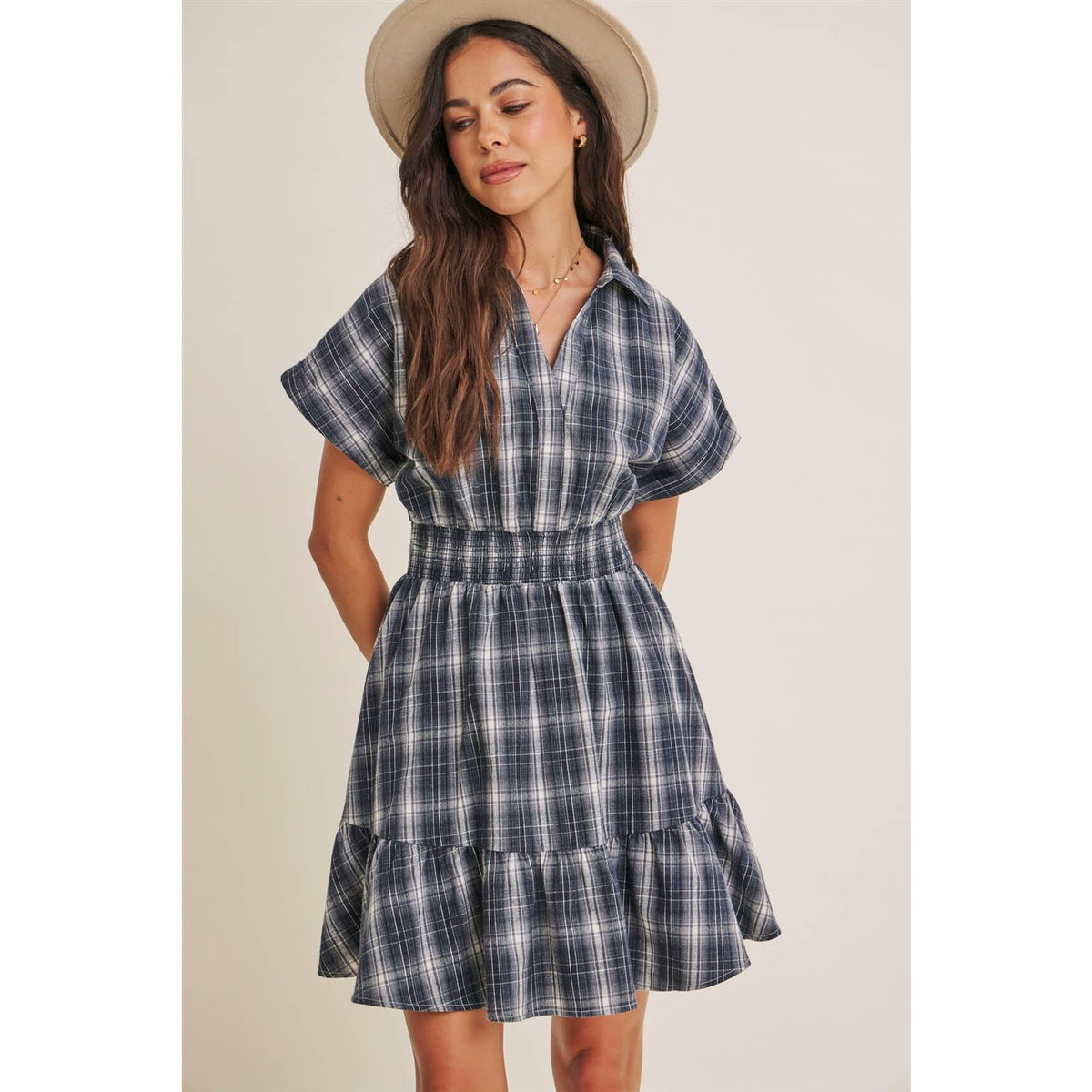 AUTUMN PICNIC DROP SHOULDER PLAID SMOCKED WAIST MINI DRESS