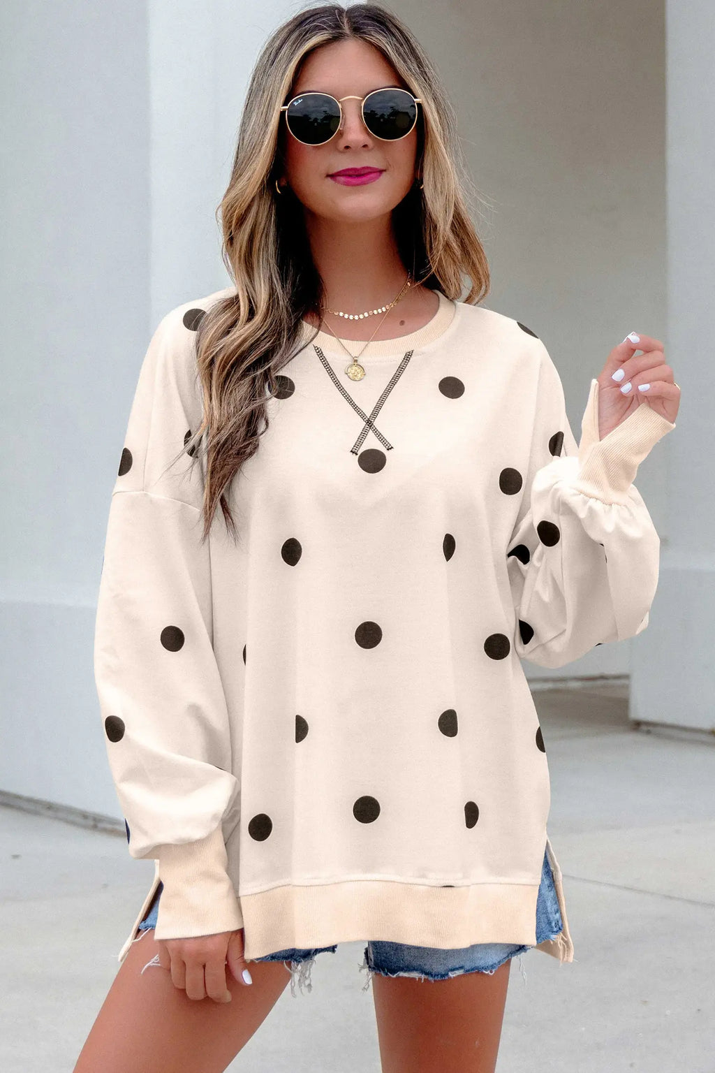Polka Dot Sweatshirt Oversized Balloon Sleeve Top