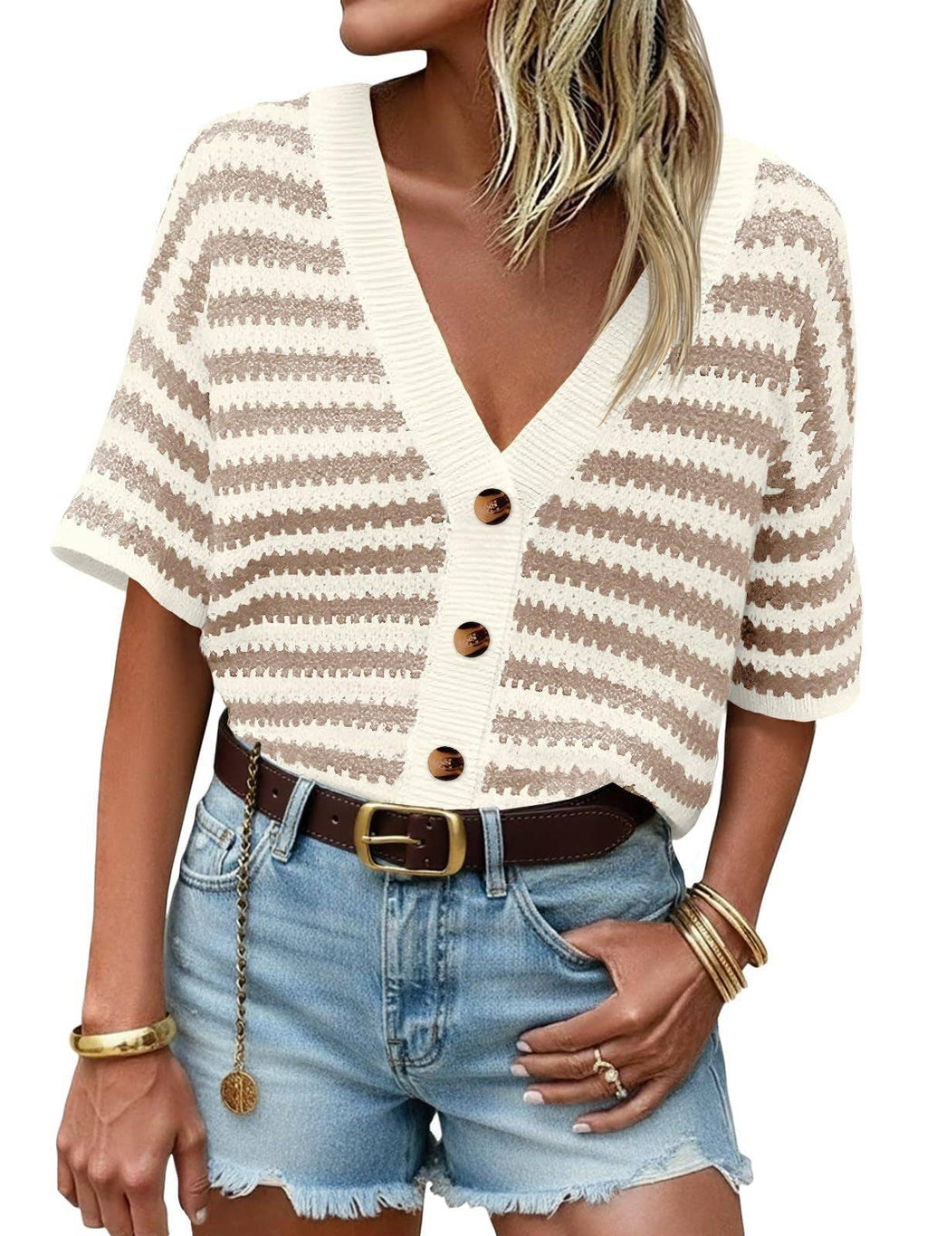 Striped Knit Cardigan Casual V Neck Button Front