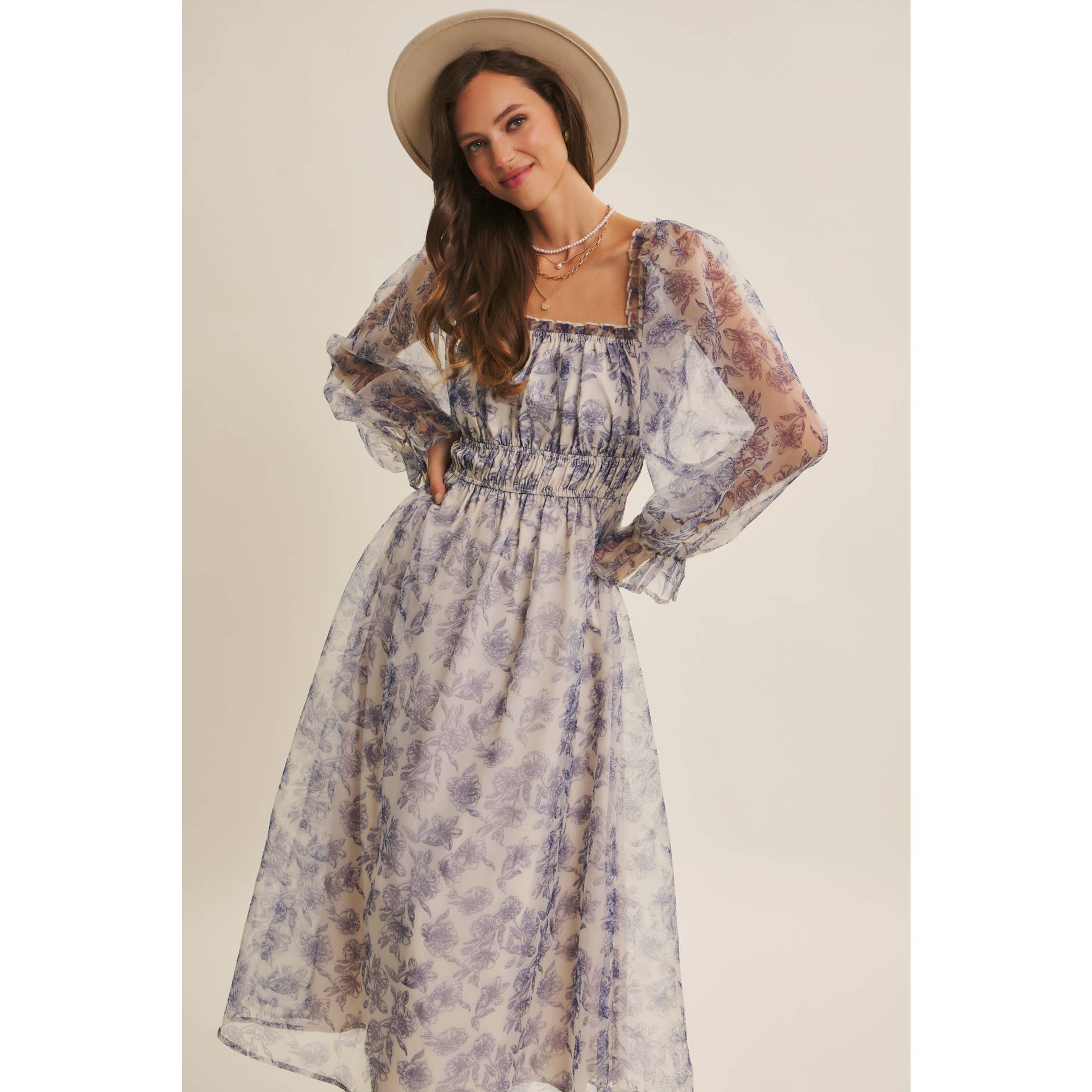 ETHEREAL GRACE FLORAL ORGANZA MIDI DRESS WITH ELASTIC WAIST