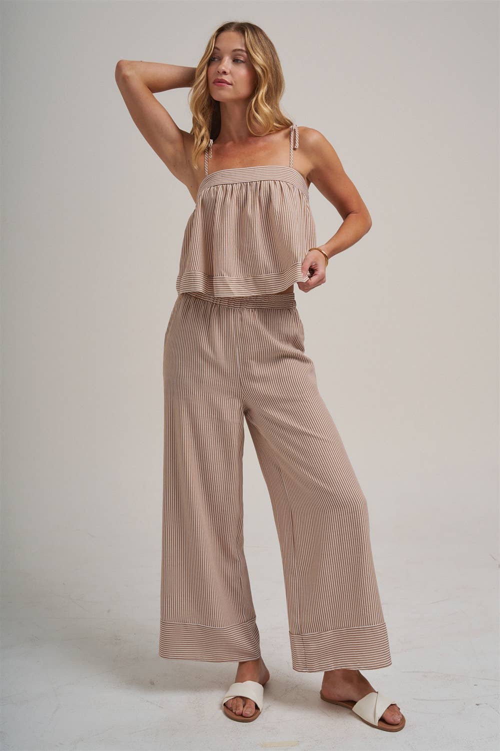 STRIPED TWO PIECE SET WITH FLOWY CAMI TOP AND WIDE LEG PANTS