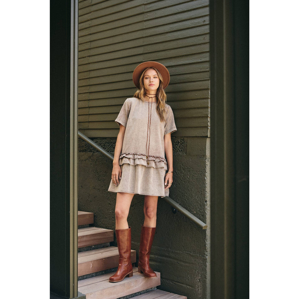 DUSTY ROAD MINERAL-WASHED COTTON TWILL RUFFLED MINI DRESS