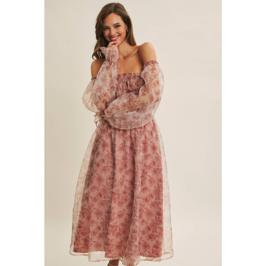 ETHEREAL GRACE FLORAL ORGANZA MIDI DRESS WITH ELASTIC WAIST