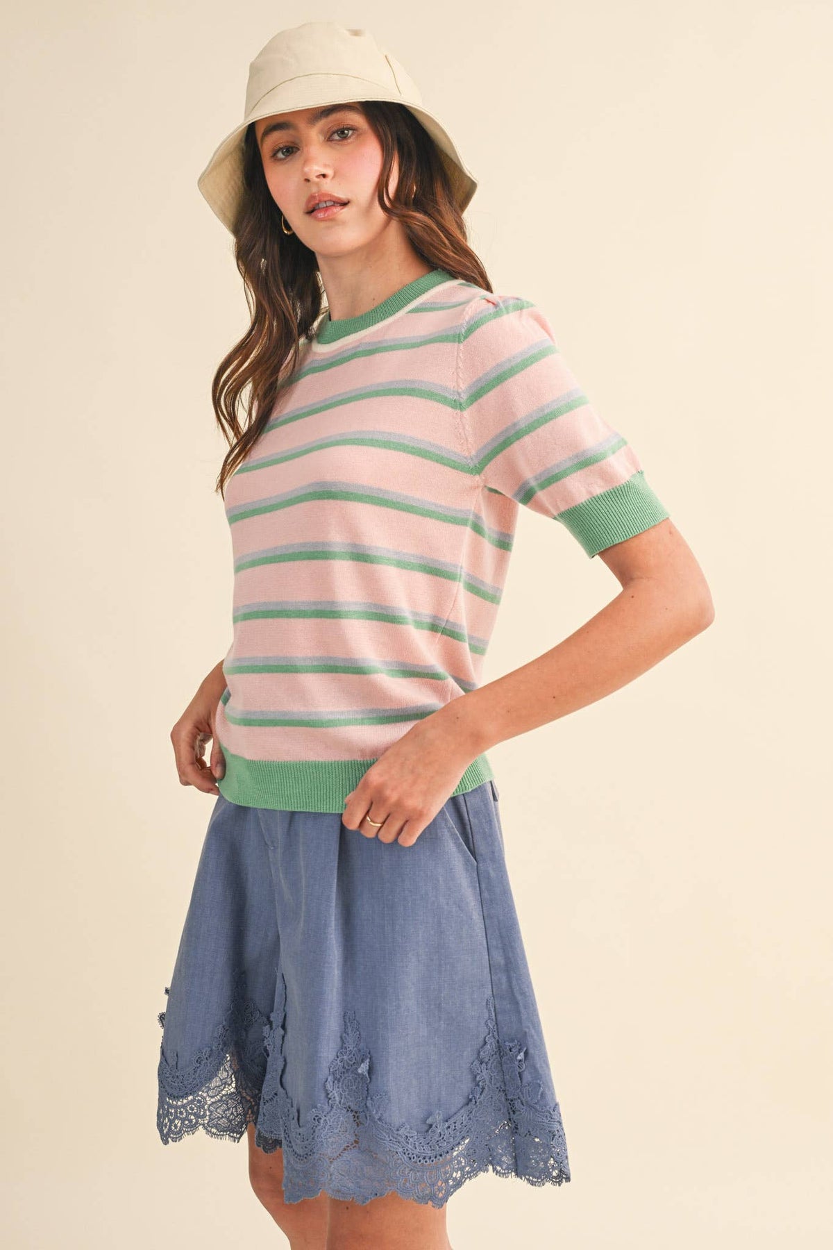 STRIPED SHORT SLEEVE SWEATER MSW11335