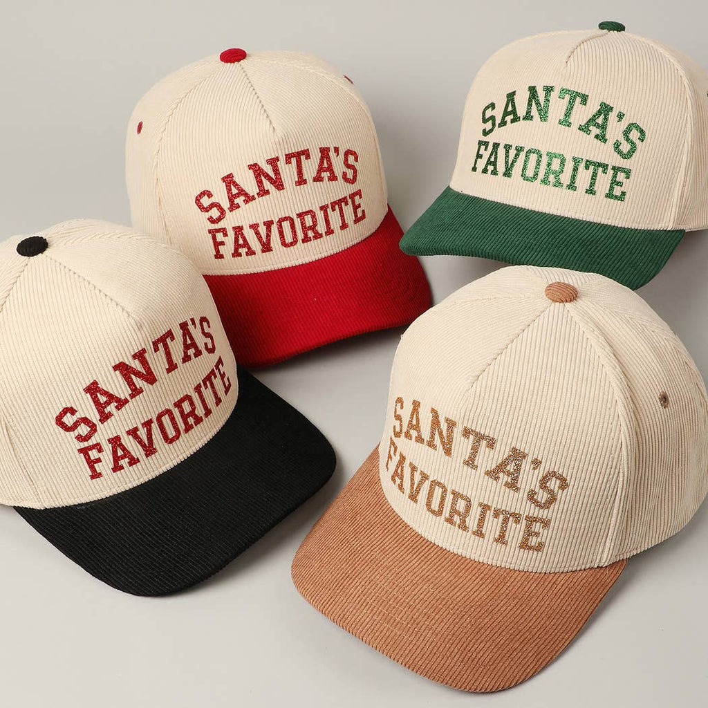Santa's Favorite Glitter Text 5 Panel Corduroy Cap