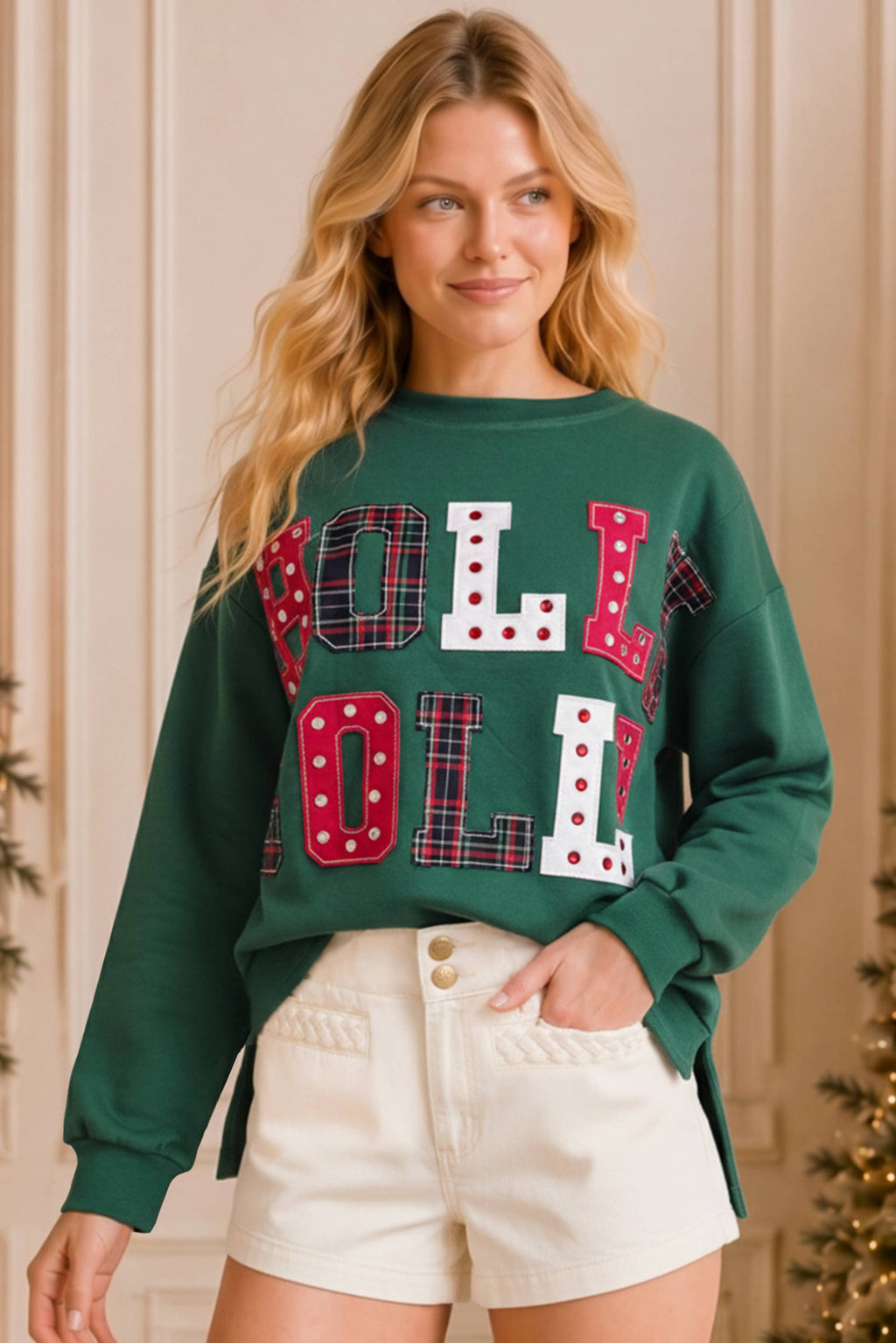 Holly Jolly Patchwork Graphic Holiday Sweatshirt