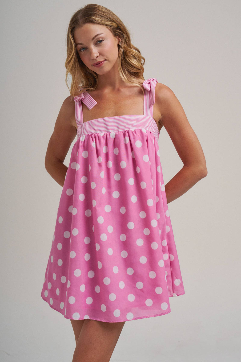 POLKA DOT BABYDOLL A LINE MINI DRESS WITH STRIPE BODICE