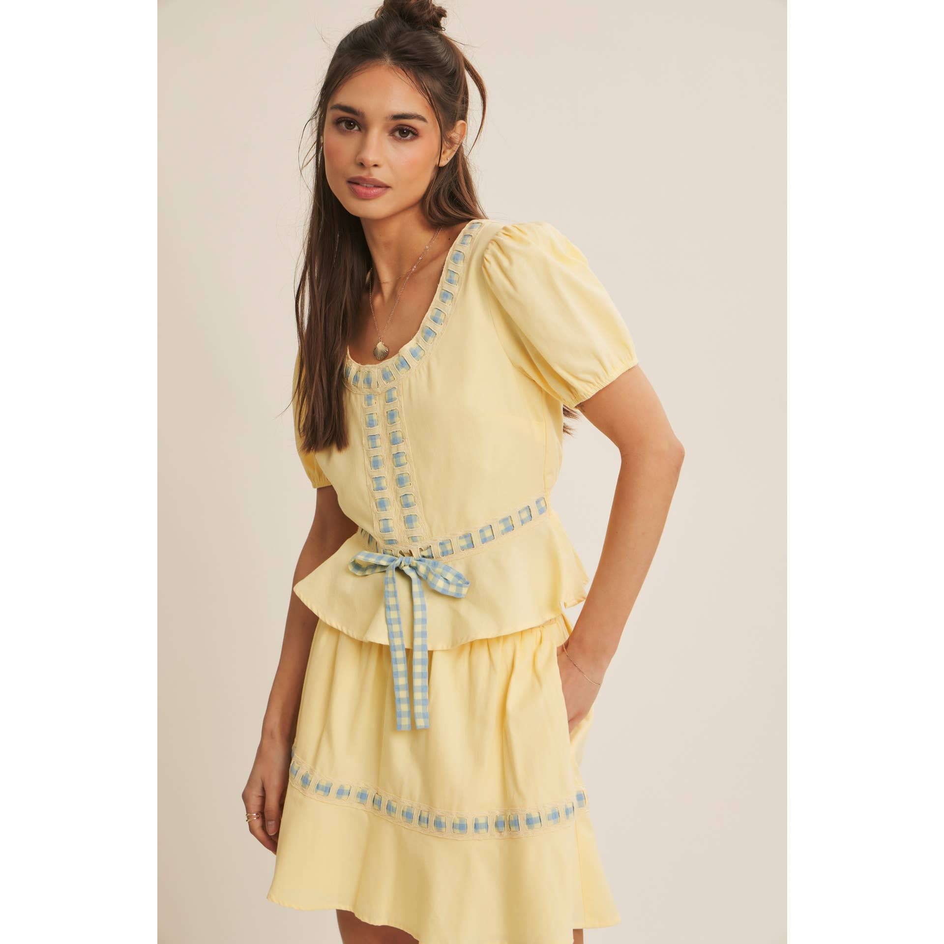 FRESH AND TIMELESS GINGHAM BOW CONTRAST BABYDOLL TOP
