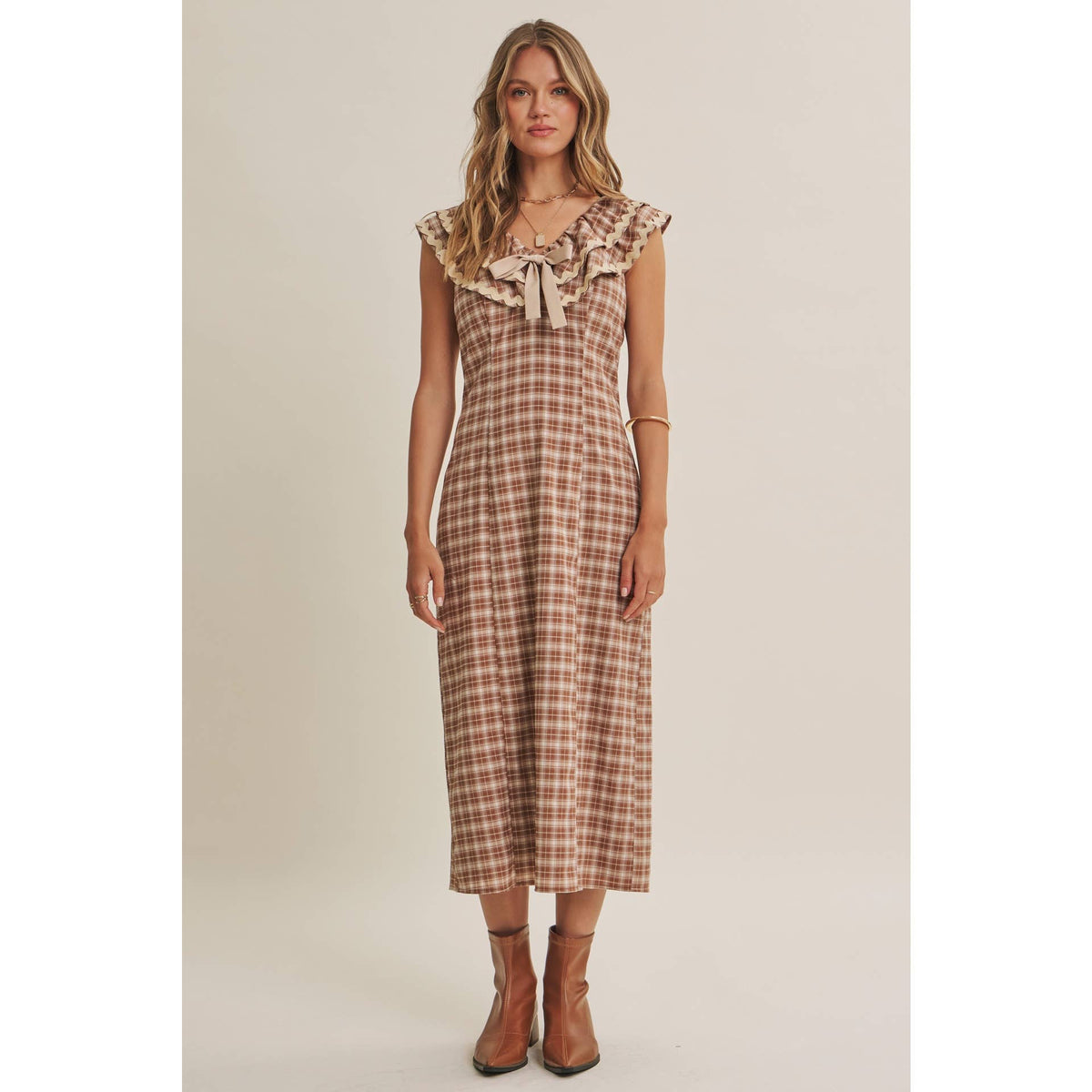 AUTUMN HARVEST RUFFLED PLAID BODY SKIMMING SLIT MIDI DRESS