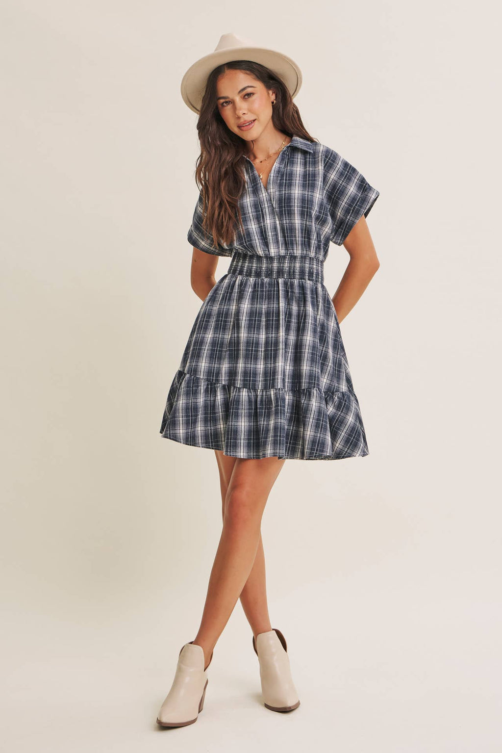 AUTUMN PICNIC DROP SHOULDER PLAID SMOCKED WAIST MINI DRESS