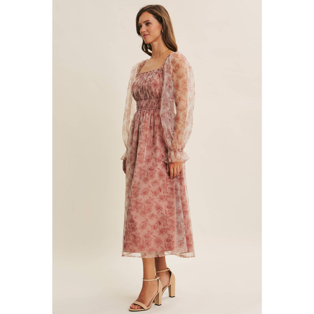 ETHEREAL GRACE FLORAL ORGANZA MIDI DRESS WITH ELASTIC WAIST