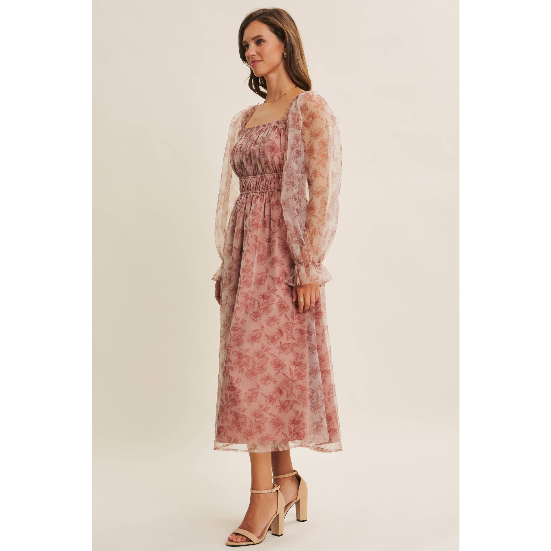 ETHEREAL GRACE FLORAL ORGANZA MIDI DRESS WITH ELASTIC WAIST