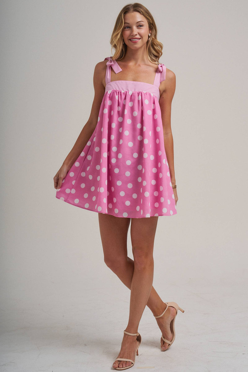 POLKA DOT BABYDOLL A LINE MINI DRESS WITH STRIPE BODICE