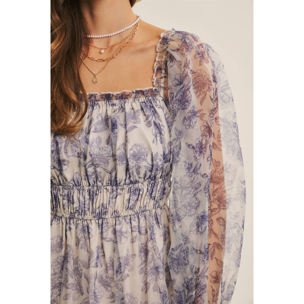 ETHEREAL GRACE FLORAL ORGANZA MIDI DRESS WITH ELASTIC WAIST