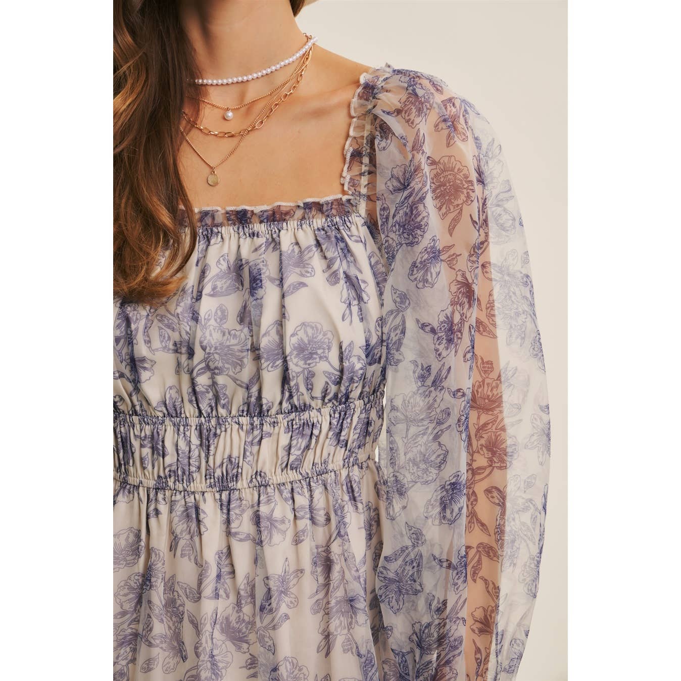 ETHEREAL GRACE FLORAL ORGANZA MIDI DRESS WITH ELASTIC WAIST