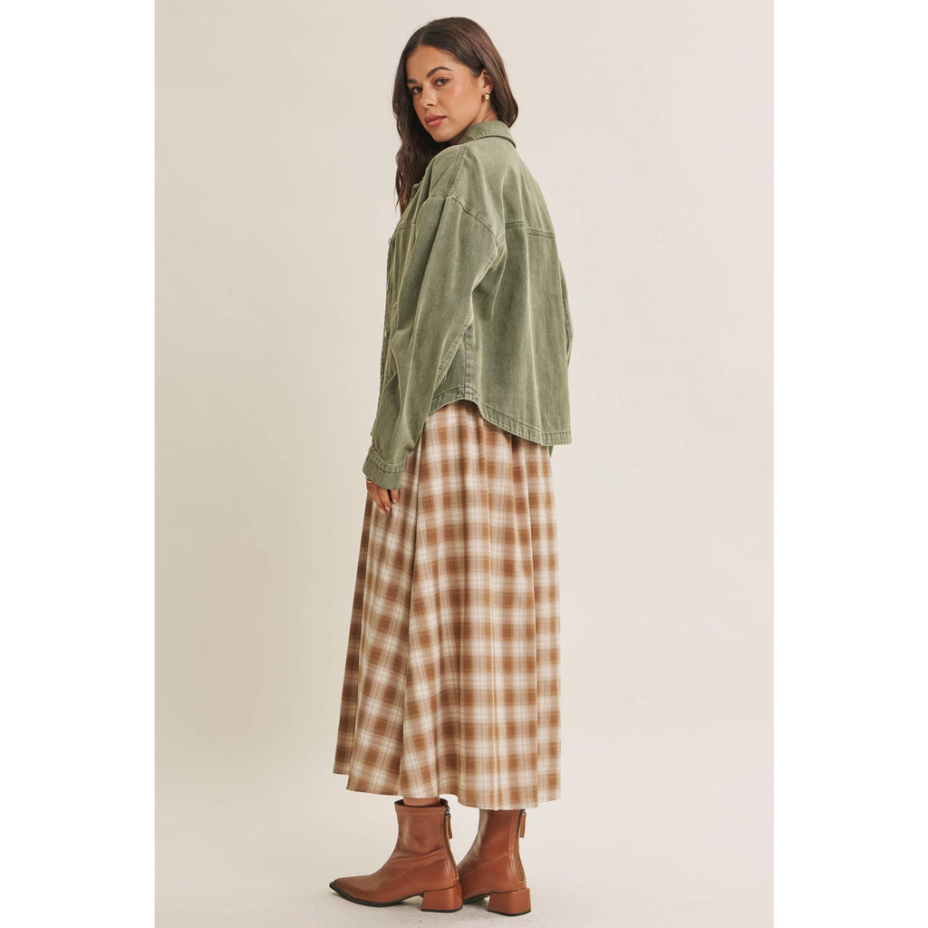 GOLDEN FIELD PLAID SMOCKED MIDI DRESS WITH CONTRAST BOW