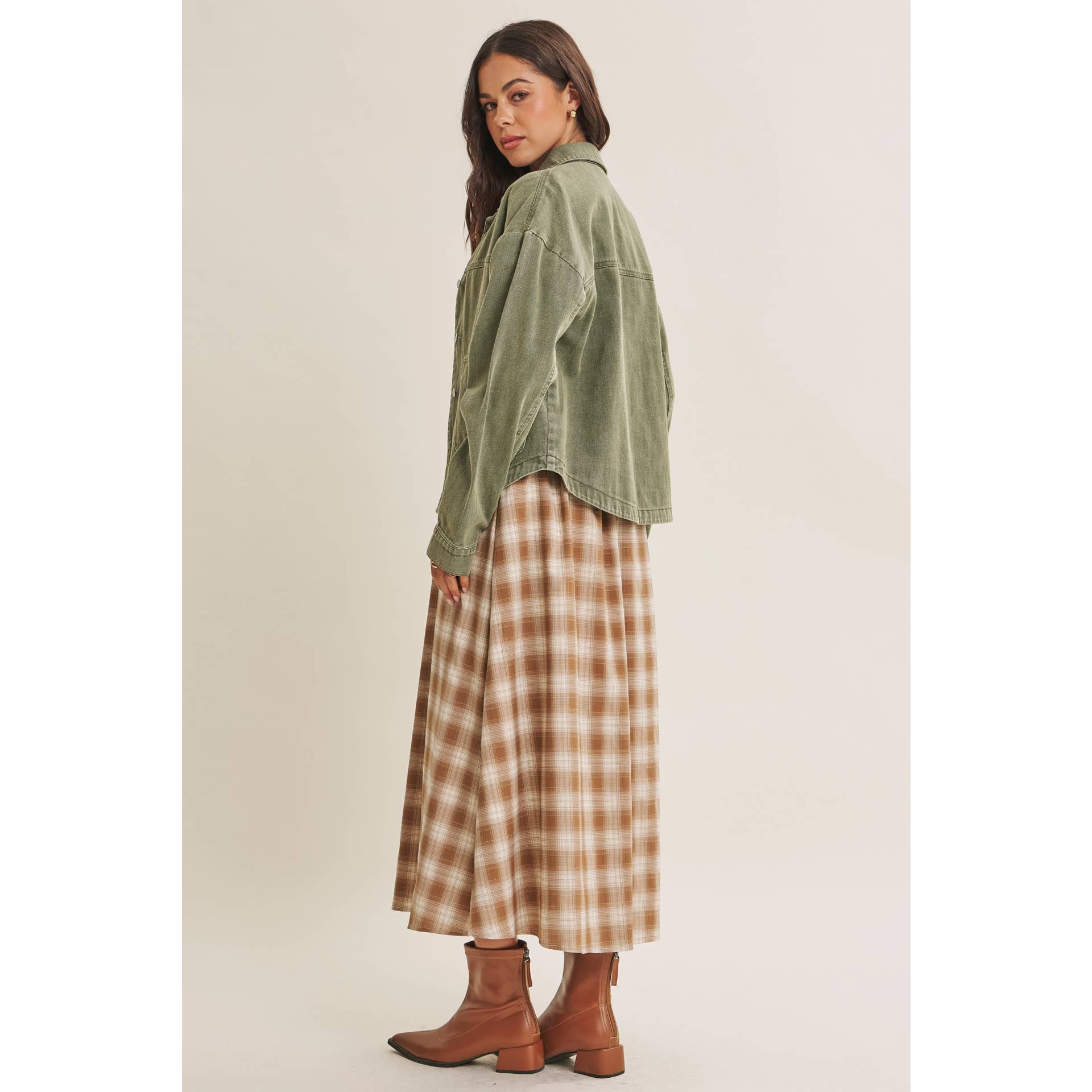 GOLDEN FIELD PLAID SMOCKED MIDI DRESS WITH CONTRAST BOW