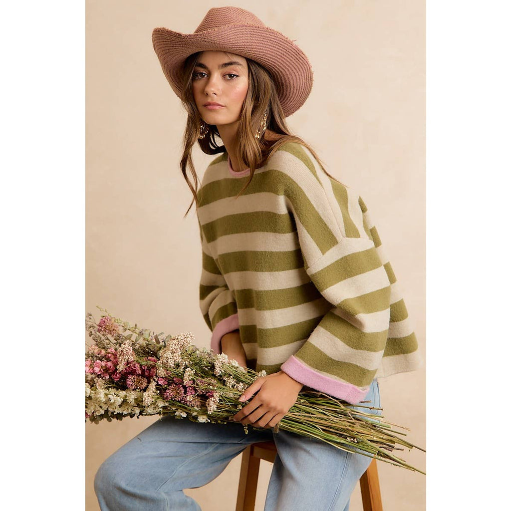 STRIPE CONTRAST BINDING AND REVERSIBLE SWEATER