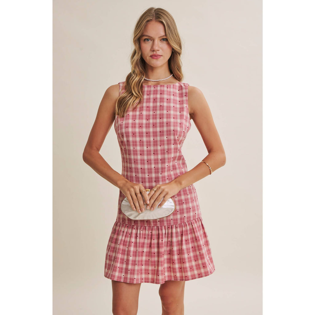 CHARMING FLOCKED PLAID TAILORED DROP WAIST MINI DRESS