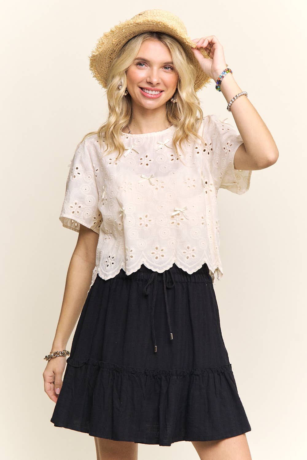 SHORT SLEEVE EYELET EMBROIDERED BLOUSE- LET4206
