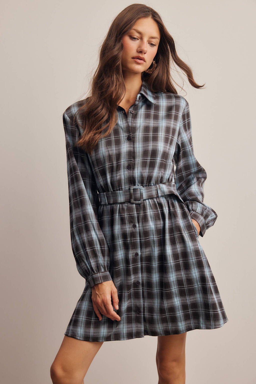 Belted Plaid Shirt Dress FD0063
